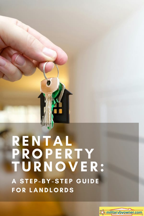 Person holding house keys in entrance to home with text, Rental Property Turnover A Step-by-Step Guide for Landlords