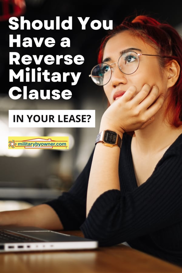 Woman with glasses holds head in hand in front of computer with text, Should You Have a Reverse Military Clause?