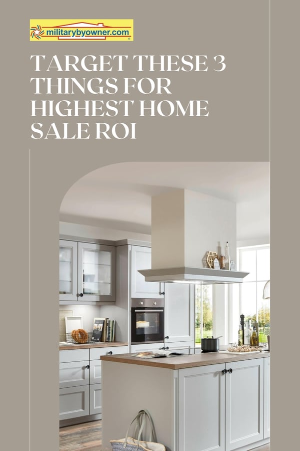 Photo of neutral kitchen with lots of natural light with wood countertops and text, Target These 3 Things for Highest Home Sale ROI