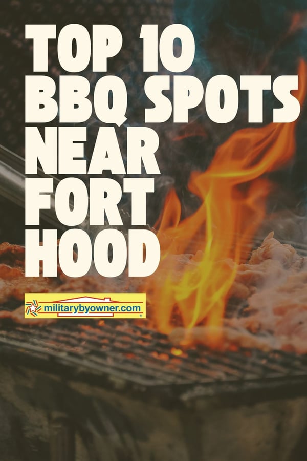 Meat on smoker with open flame and text, Top 10 BBQ Spots Near Fort Hood