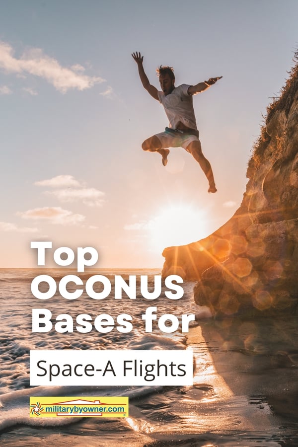 Man jumping from cliff into water at beach with text, Top OCONUS Bases for Space-A Flights