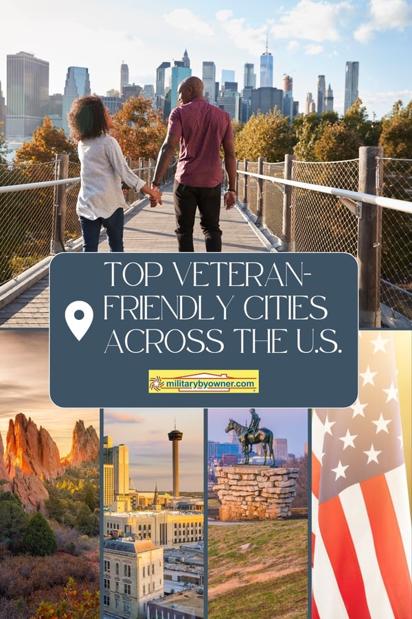 Collage of U.S. cities, couple walking, and American flag with text, Top veteran-friendly cities across the u.s.