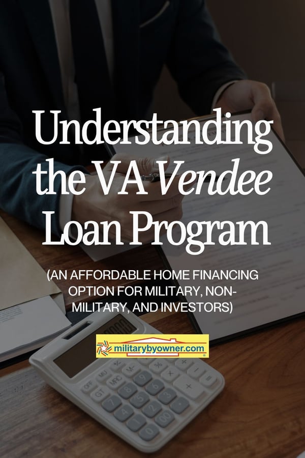 Man in blue suit points with pen to paperwork on clipboard with text, Understanding the VA Vendee Loan Program