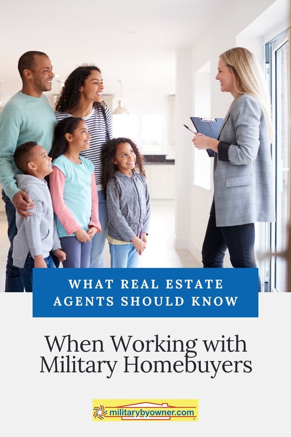 Real estate agent in gray blazer meets with family of five wearing blues and neutrals in white room of home with text, What Real Estate Agents Should Know When Working with Military Homebuyers