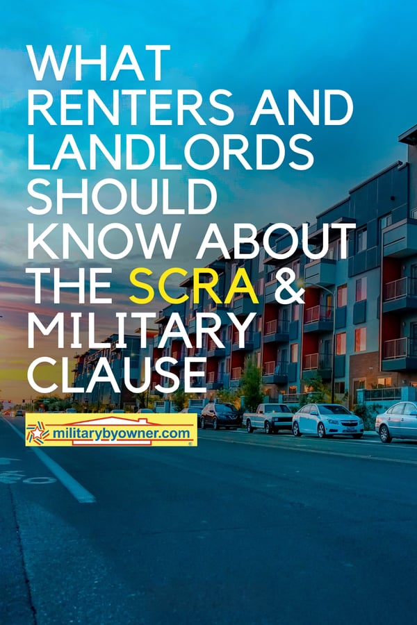 View of sun setting over city street lined with condos and cars parallel parked with text, What Renters and Landlords Should Know About the SCRA & Military Clause