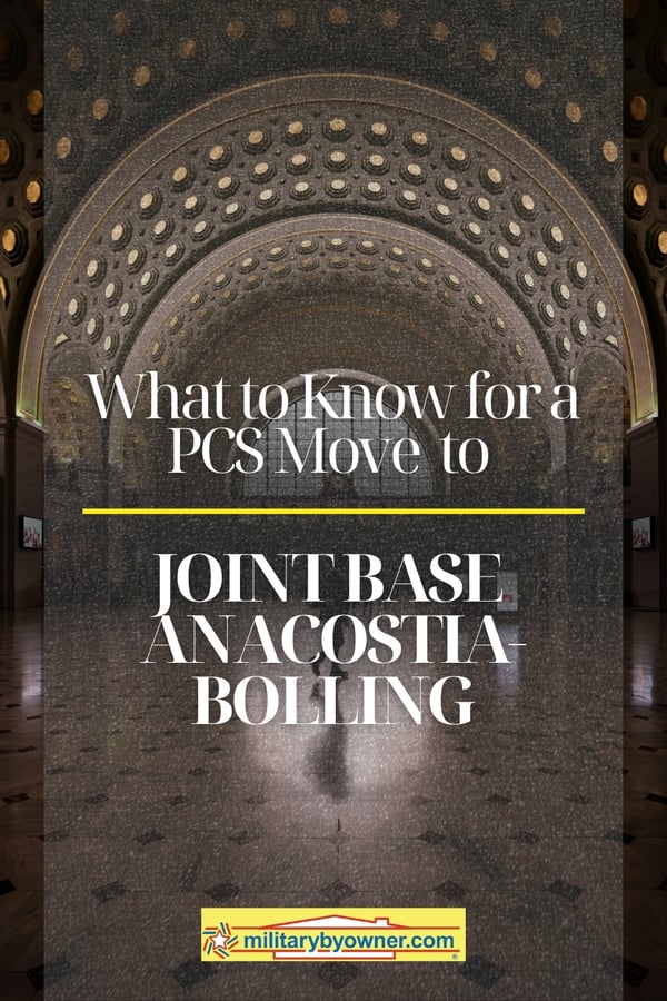 Inside Union Station in DC with white and black flooring and beautiful architecture with text, What to Expect When You PCS to Joint Base Anacostia-Bolling