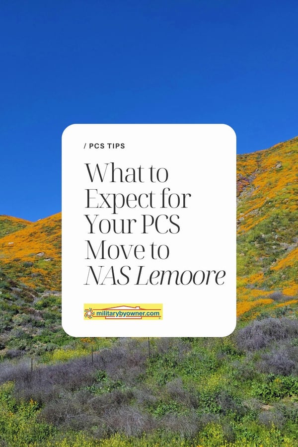 Vibrant poppy fields in central California with text, What to Expect for Your PCS Move to NAS Lemoore