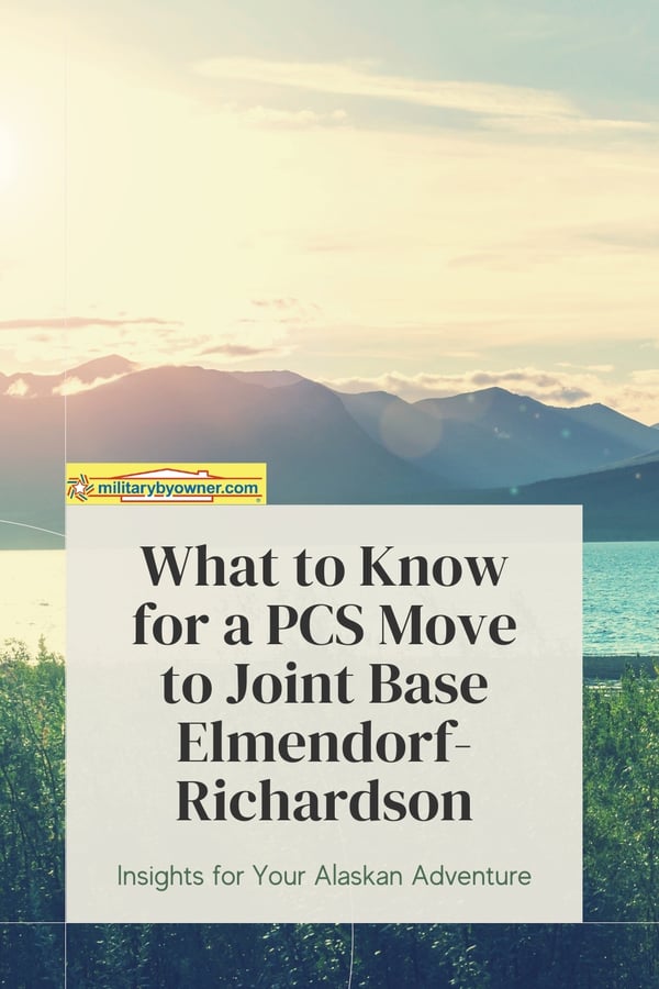 Alaskan landscape with water and sun shining just over the mountains with text, What to Know for a PCS Move to Joint Base Elmendorf-Richardson