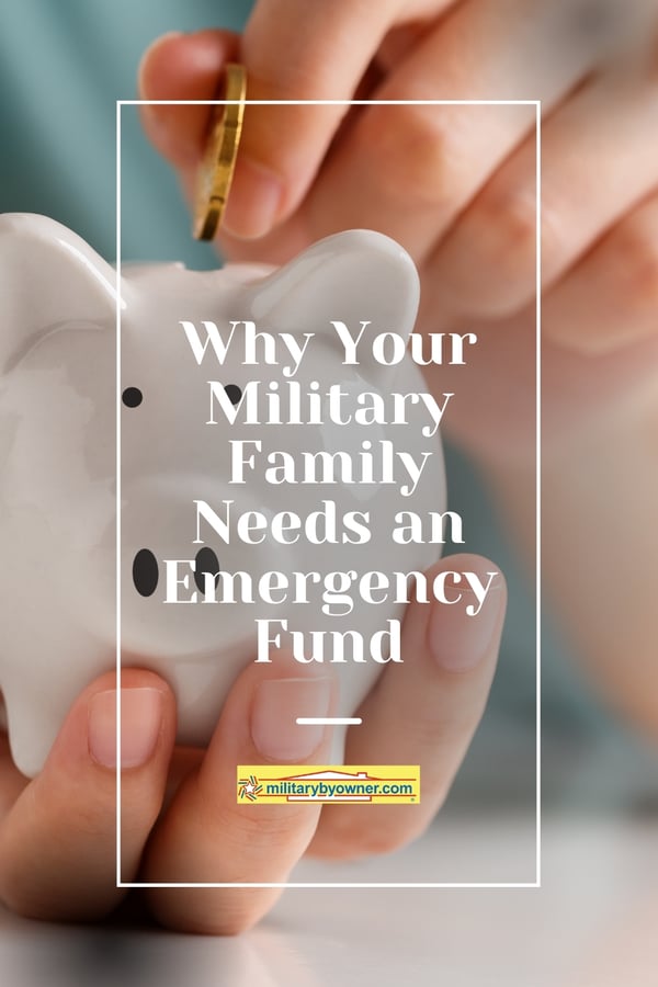 Person in teal shirt putting coin in white piggy bank with text, Why Your Military Family Needs an Emergency Fund
