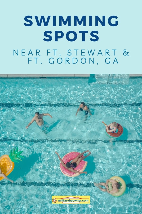 blue pool with people in swimming rings with textSwimming spots near Fort Gordon and Fort Stewart GA