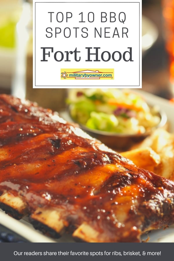 plate of barbecued ribs and salad with textTop 10 BBQ Spots Near Fort Hood