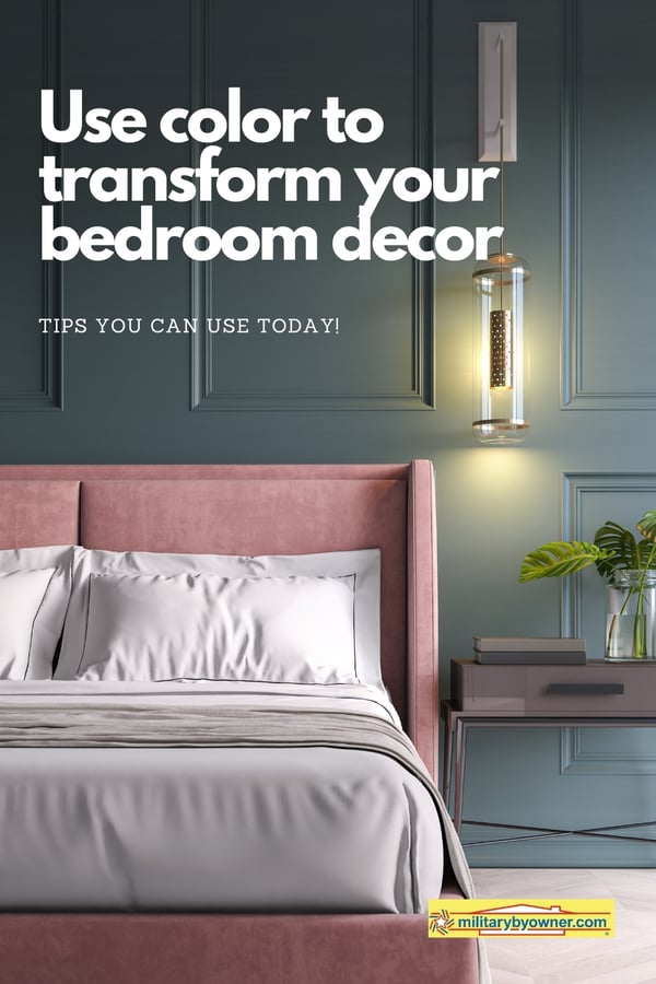 Use color to transform your bedroom decor (Pinterest Pin)