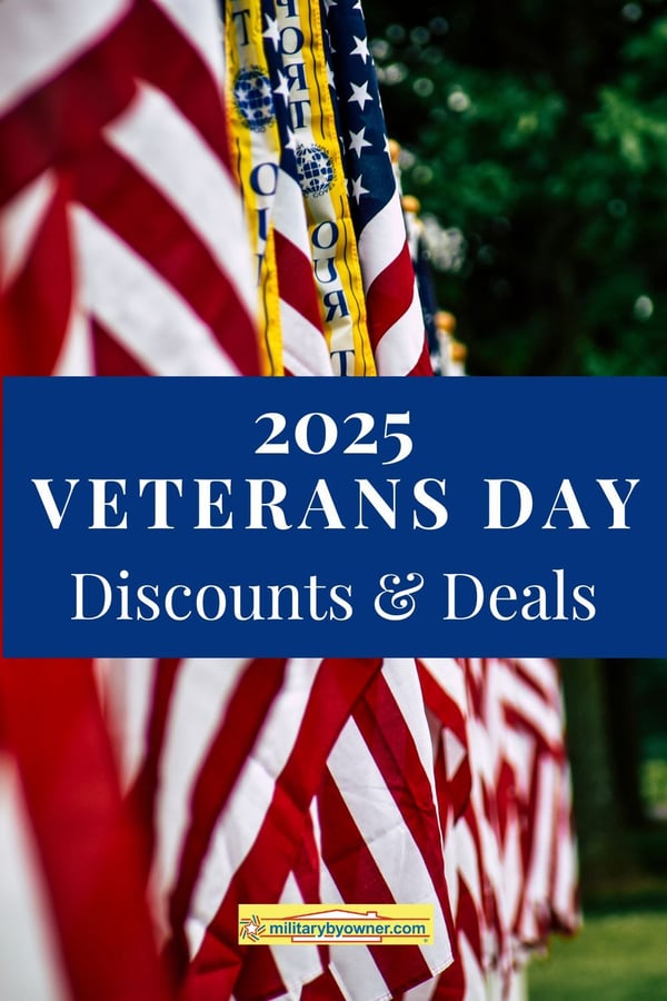 American flags in background with text Veterans Day Discounts and Deals 2025