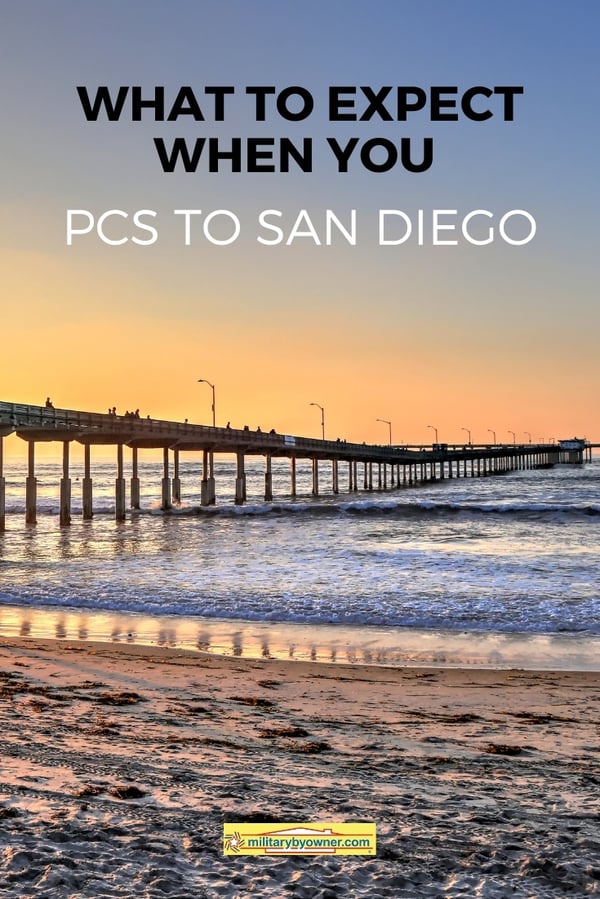 San Diego pier, beach, and ocean at sunset with textbWhat to Expect When You PCS to San Diego