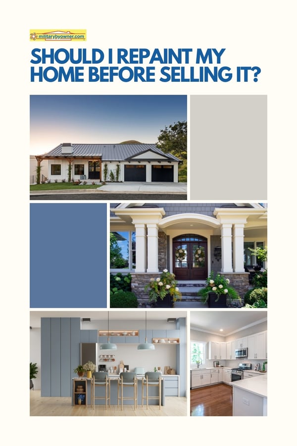 Image with multiple photos of beautiful home interiors and exteriors with text should I repaint my home before selling it?