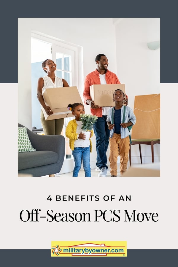 Family of four carrying plants and boxes into new house. 4 Benefits of an Off-Season PCS Move