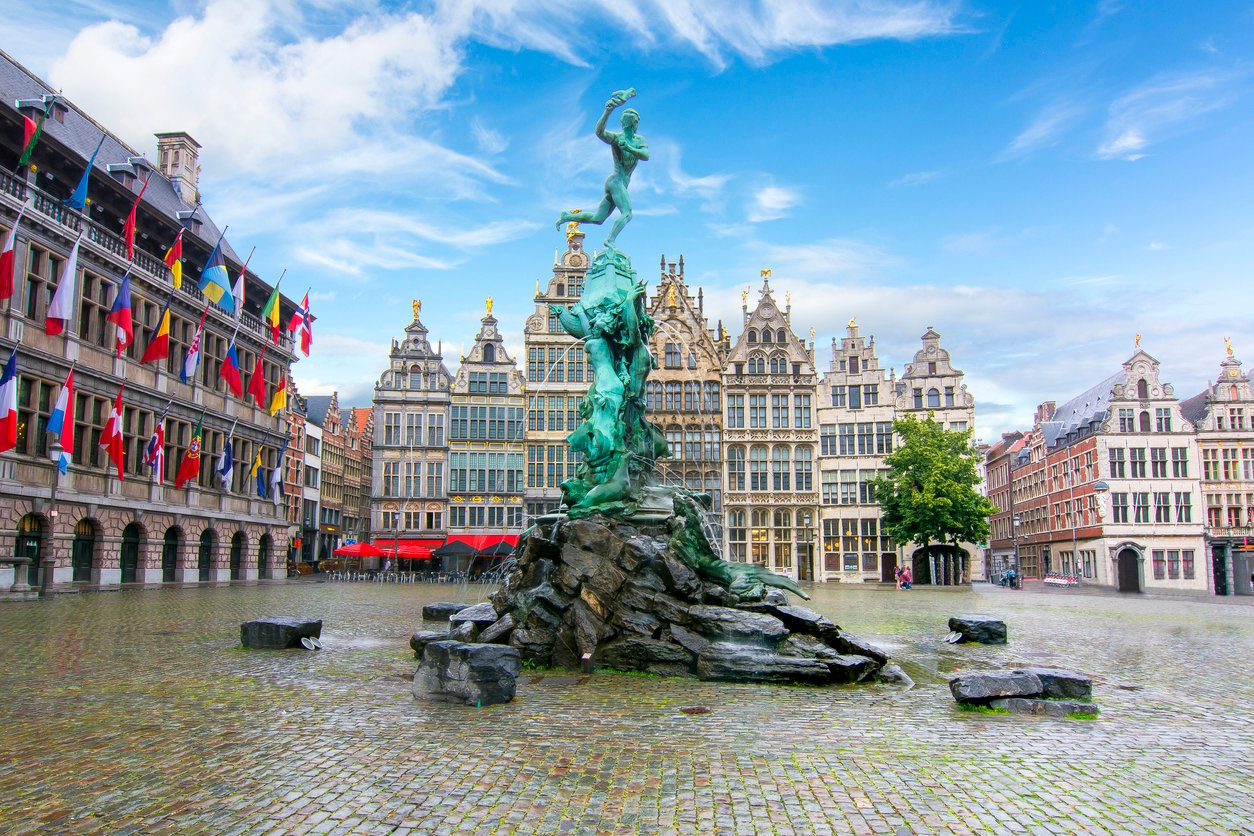 Brabo fountain on market square in Antwerp, Belgium