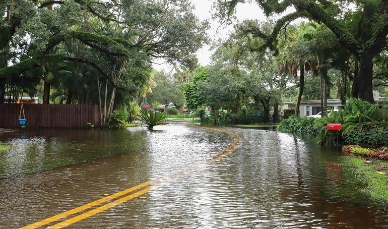 flooded street and homes