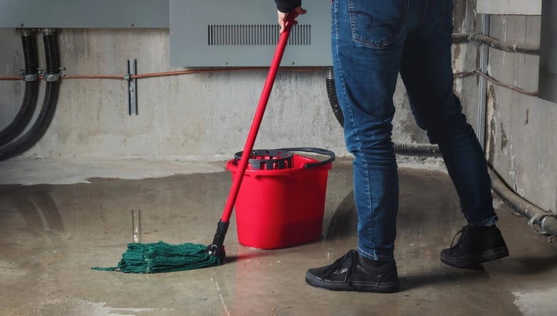 woman mopping flooded basement