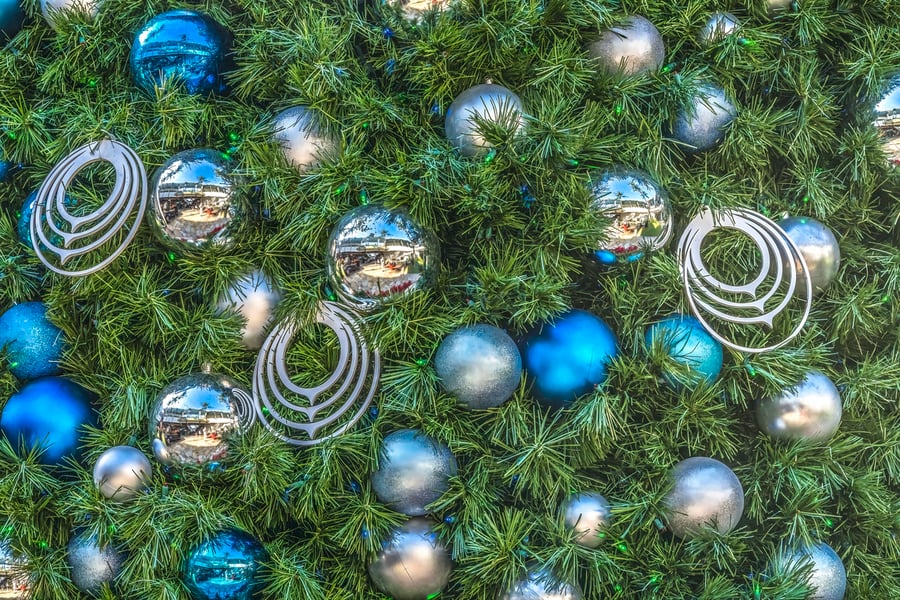 blue and silver ornaments on christmas tree