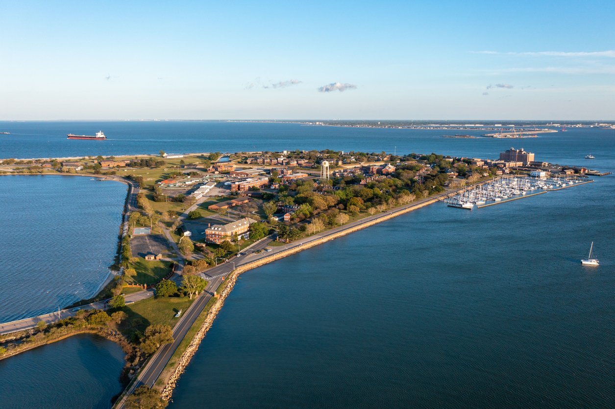 aerial view of Fort Monroe, Norfolk, and Chesapeake