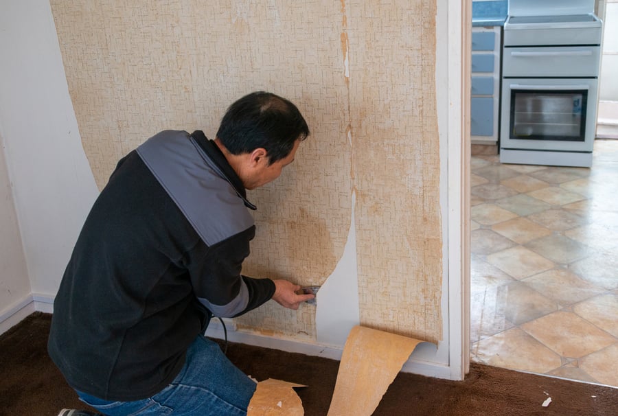 man removing old wallpaper