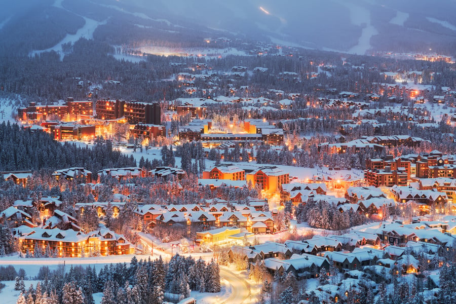 Breckenridge, Colorado, USA town skyline in winter at dusk.