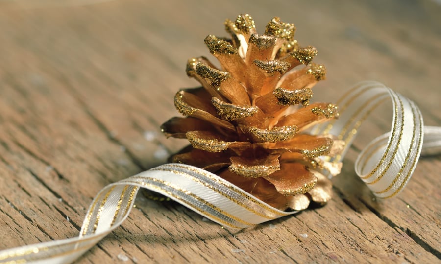 pine cone decorated with glitter and ribbon