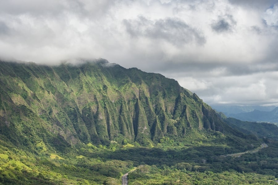 View of the Nu-uanu Valley and John A Burns Freeway in Kaneohe Oahu Hawaii